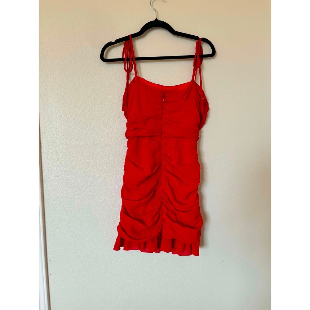 Lovers + Friends Red Ruched Tie aShoulder Mini Dress Size S Bodycon Ruffle Hem